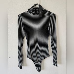Lulu's Black White Striped Long Sleeve Bodysuit, XS